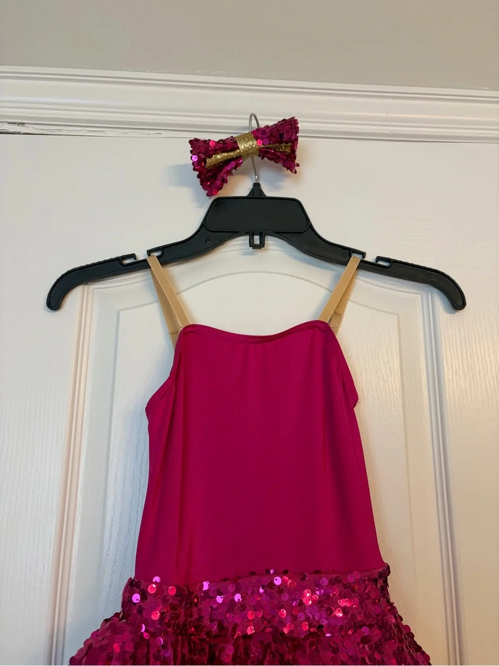 Weissman Hot Pink Sequin Dance Costume with Gold Trim and White Vest